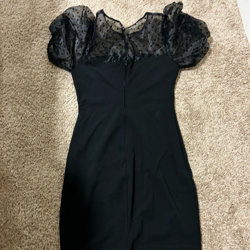 Mini Black dress with sheer polka dotted sleeves